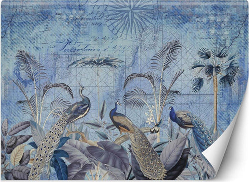 Carta-Da-Parati,-Pavoni-ai-tropici-blu