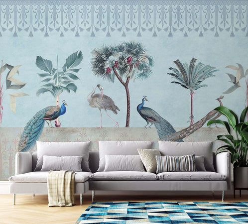 Carta-Da-Parati,-Pavoni-Uccelli-Fiori-Tropicali