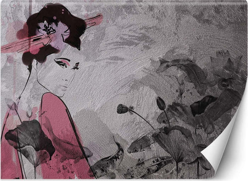 Carta-Da-Parati,-Ritratto-di-geisha-su-muro-di-cemento