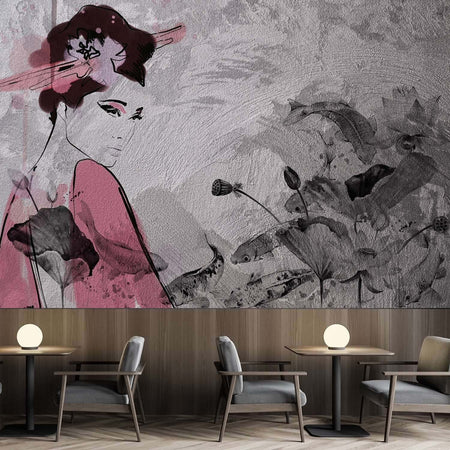 Carta-Da-Parati,-Ritratto-di-geisha-su-muro-di-cemento