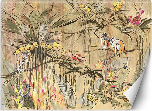 Carta-Da-Parati,-Scimmie-nella-giungla-tropicale-Beige-Marrone-Arancione