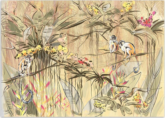 Carta-Da-Parati,-Scimmie-nella-giungla-tropicale-Beige-Marrone-Arancione