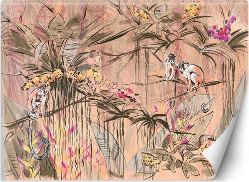 Carta-Da-Parati,-Scimmie-nella-giungla-tropicale-Marrone-Arancione-Rosa