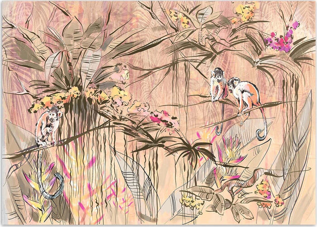 Carta-Da-Parati,-Scimmie-nella-giungla-tropicale-Marrone-Arancione-Rosa