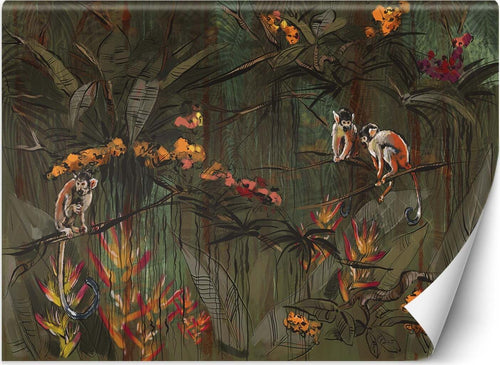 Carta-Da-Parati,-Scimmie-nella-giungla-tropicale-Marrone-Arancione