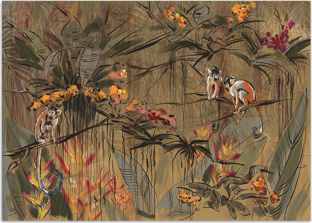 Carta-Da-Parati,-Scimmie-nella-giungla-tropicale-Marrone-Arancione