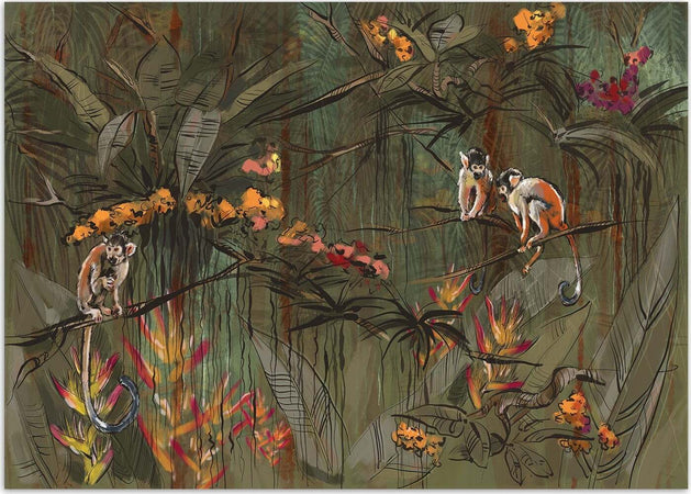 Carta-Da-Parati,-Scimmie-nella-giungla-tropicale-Marrone-Arancione