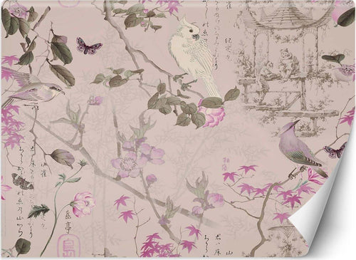 Carta-Da-Parati,-Uccelli-e-fiori-rosa-Boho