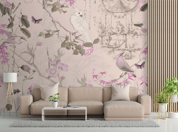 Carta-Da-Parati,-Uccelli-e-fiori-rosa-Boho