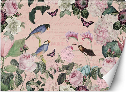Carta-Da-Parati,-Uccelli-Fiori-Tropicali-verde-arancione-rosa