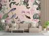 Carta-Da-Parati,-Uccelli-Fiori-Tropicali-verde-arancione-rosa