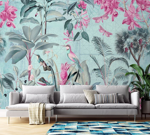Carta-Da-Parati,-Uccelli-Fiori-tropicali