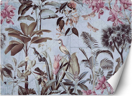 Carta-Da-Parati,-Uccelli-Foglie-tropicali-viola
