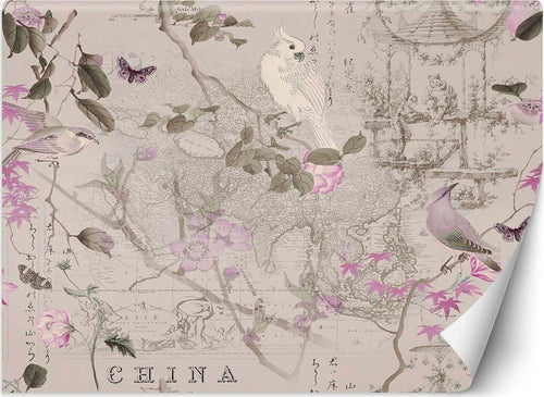 Carta-Da-Parati,-Uccelli-in-stile-shabby-chic-su-rami-rosa