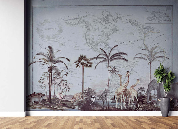 Carta-Da-Parati,-Vecchia-mappa-del-mondo-d'epoca-e-Savana