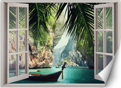 Carta-Da-Parati,-Vista-finestra-Baia-del-Paradiso-Tropicale