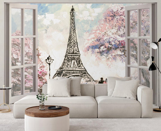 Carta-Da-Parati,-Vista-finestra-Torre-Eiffel-Parigi-Francia