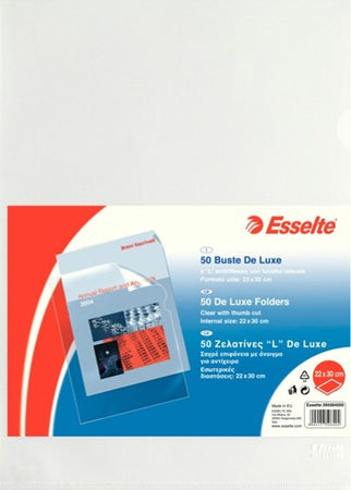 Cartelline a L - De Luxe - PPL - buccia - 22x30 cm - trasparente - Esselte - conf. 50 pezzi Cancelleria e prodotti per ufficio/Archivio ufficio e accessori per scrivania/Archivio ufficio/Cartelle/Cartelle portadocumenti Eurocartuccia - Pavullo, Commerciovirtuoso.it
