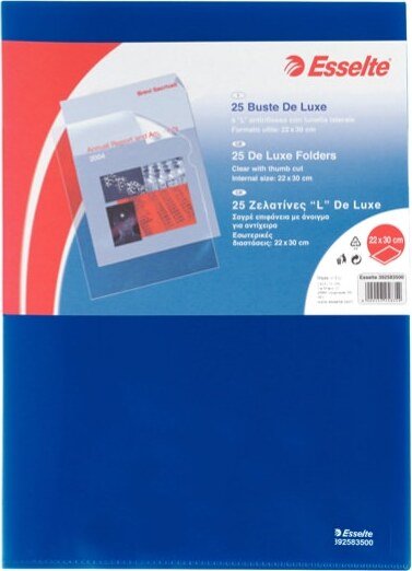 Cartelline a L De Luxe - PPL - buccia - 21 x 30 cm - blu - Esselte - conf. 25 pezzi Cancelleria e prodotti per ufficio/Archivio ufficio e accessori per scrivania/Archivio ufficio/Cartelle/Cartelle portadocumenti Eurocartuccia - Pavullo, Commerciovirtuoso.it