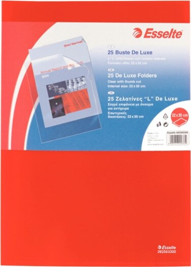 Cartelline a L De Luxe - PPL - buccia - 21 x 30 cm - rosso - Esselte - conf. 25 pezzi Cancelleria e prodotti per ufficio/Archivio ufficio e accessori per scrivania/Archivio ufficio/Cartelle/Cartelle portadocumenti Eurocartuccia - Pavullo, Commerciovirtuoso.it