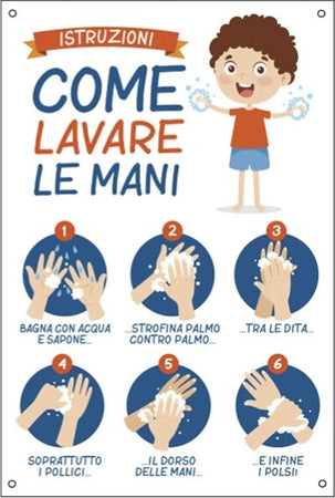 Cartello alluminio - 20x30 cm - ISTRUZIONI COME LAVARE LE MANI - per bambini - Cartelli Segnalatori Fai da te/Sicurezza e protezione/Attrezzature per sicurezza sul lavoro/Segnaletica antinfortunistica Eurocartuccia - Pavullo, Commerciovirtuoso.it