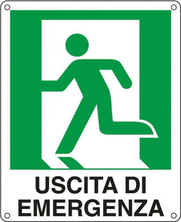 Cartello segnalatore - 25x31 cm - USCITA DI EMERGENZA (sinistra) - alluminio - Cartelli Segnalatori Fai da te/Sicurezza e protezione/Attrezzature per sicurezza sul lavoro/Segnaletica antinfortunistica Eurocartuccia - Pavullo, Commerciovirtuoso.it