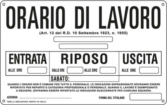 Cartello segnalatore - 30x20 cm - ORARIO DI LAVORO - alluminio - Cartelli Segnalatori Fai da te/Sicurezza e protezione/Attrezzature per sicurezza sul lavoro/Segnaletica antinfortunistica Eurocartuccia - Pavullo, Commerciovirtuoso.it