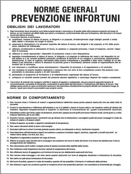Cartello segnalatore - 50x67 cm - NORME GENERALI PREVENZIONE INFORTUNI - polionda - Cartelli Segnalatori Fai da te/Sicurezza e protezione/Attrezzature per sicurezza sul lavoro/Segnaletica antinfortunistica Eurocartuccia - Pavullo, Commerciovirtuoso.it