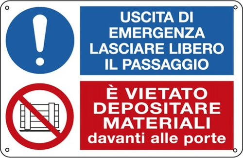 Cartello segnalatore multisimbolo - 30x20 cm - USCITA DI EMERGENZA -E' VIETATO DEPOSITARE - alluminio - Cartelli Segnalatori Fai da te/Sicurezza e protezione/Attrezzature per sicurezza sul lavoro/Segnaletica antinfortunistica Eurocartuccia - Pavullo, Commerciovirtuoso.it