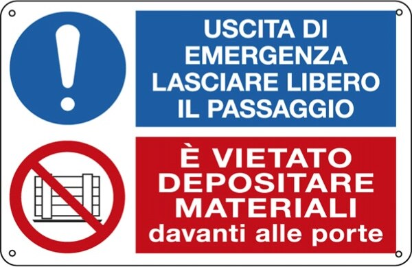 Cartello segnalatore multisimbolo - 30x20 cm - USCITA DI EMERGENZA -E' VIETATO DEPOSITARE - alluminio - Cartelli Segnalatori Fai da te/Sicurezza e protezione/Attrezzature per sicurezza sul lavoro/Segnaletica antinfortunistica Eurocartuccia - Pavullo, Commerciovirtuoso.it