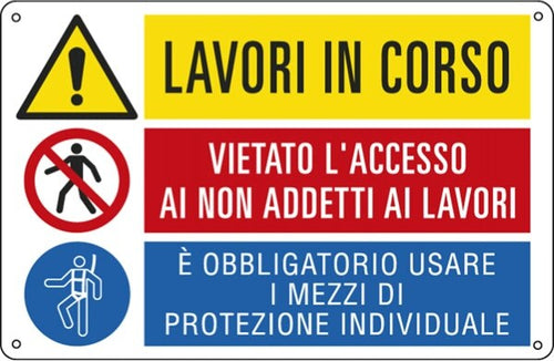 Cartello segnalatore multisimbolo - 50x33 3 cm - LAVORI IN CORSO-VIETATO L'ACCESSO -E' OBBLIGATORIO - alluminio - Cartelli Segnalatori Fai da te/Sicurezza e protezione/Attrezzature per sicurezza sul lavoro/Segnaletica antinfortunistica Eurocartuccia - Pavullo, Commerciovirtuoso.it