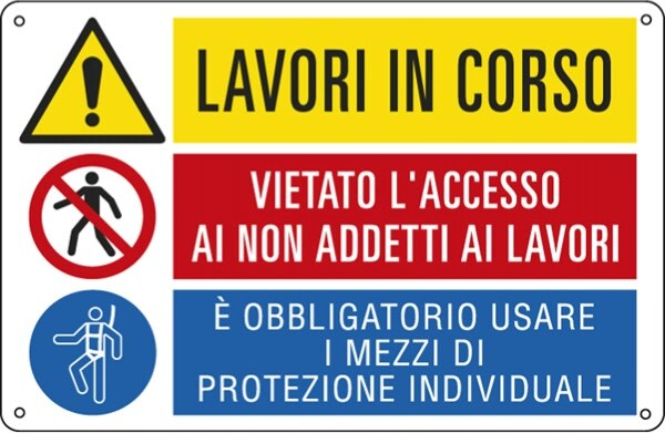 Cartello segnalatore multisimbolo - 50x33 3 cm - LAVORI IN CORSO-VIETATO L'ACCESSO -E' OBBLIGATORIO - alluminio - Cartelli Segnalatori Fai da te/Sicurezza e protezione/Attrezzature per sicurezza sul lavoro/Segnaletica antinfortunistica Eurocartuccia - Pavullo, Commerciovirtuoso.it