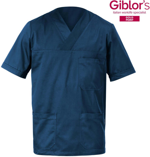 Casacca a V Alberto Blu Manica Corta Tessuto Satin Uomo Medico Farmacista Dentista Infermiere