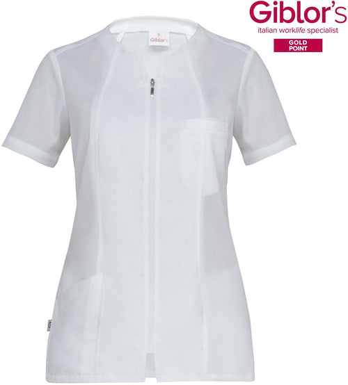 Casacca Donna Nicole Bianco Manica Corta Microfibra Zip Lunga Superleggera Casacca Parrucchiera Antistiro Antibatterica