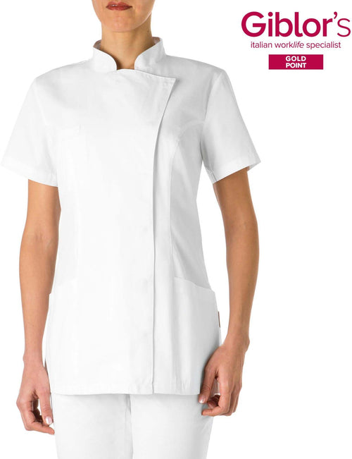 Casacca Donna Tati Bianco Manica Corta Tessuto Satin Facile Stiro Casacca Alimentare Giacca Cuoca Manica Corta
