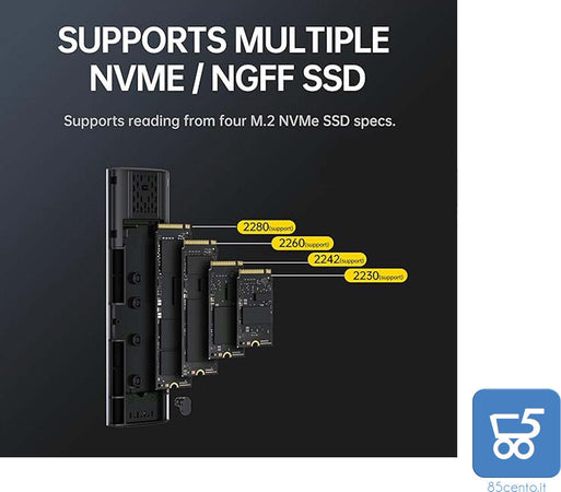 Case Esterno per SSD M.2 NVMe Usb 3.1 Type C con Cavo USB-C in Metallo Driver Free Plug & Play Alta Velocità NGFF