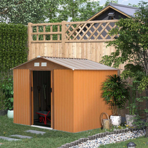 Casetta-da-Giardino-con-Base-e-Doppie-Porte-Scorrevoli-in-Lamiera-di-Acciaio,-Capanno-da-Giardino-in-Acciaio,-277x195x192cm,-Gialla-MJ6845-031YLMJ6