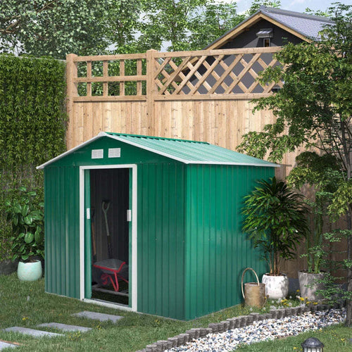 Casetta-da-Giardino-con-Base-e-Doppie-Porte-Scorrevoli-in-Lamiera-di-Acciaio,-Capanno-da-Giardino-in-Acciaio,-277x195x192cm,-Verde-FY9845-031GNFY9