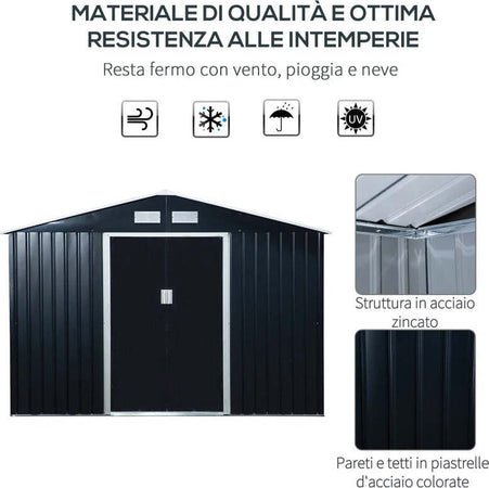 Casetta-da-Giardino-con-Base-e-Doppie-Porte-Scorrevoli-in-Lamiera-di-Acciaio,-Capanno-da-Giardino-in-Acciaio,-277x195x192cm,-Grigia-Scura-PL9845-031CGPL9