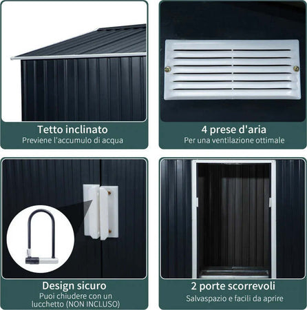 Casetta-da-Giardino-con-Base-e-Doppie-Porte-Scorrevoli-in-Lamiera-di-Acciaio,-Capanno-da-Giardino-in-Acciaio,-277x195x192cm,-Grigia-Scura-PL9845-031CGPL9