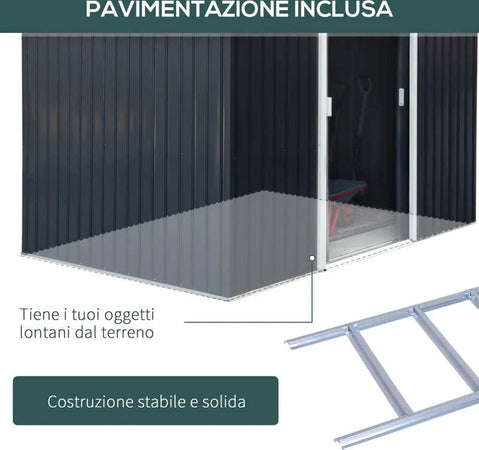Casetta-da-Giardino-con-Base-e-Doppie-Porte-Scorrevoli-in-Lamiera-di-Acciaio,-Capanno-da-Giardino-in-Acciaio,-277x195x192cm,-Grigia-Scura-PL9845-031CGPL9