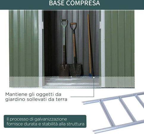 Casetta-da-Giardino-in-Acciaio-con-Doppia-Porta-Scorrevole-e-Prese-d'Aria,-213x130x173-cm,-Verde-HF3845-390HF3