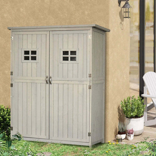 Casetta-da-Giardino-Legno-con-Porta-Doppia,-Mensole-e-Finestre,-127.5x50x164cm-HG4845-210GYHG4