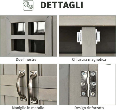 Casetta-da-Giardino-Legno-con-Porta-Doppia,-Mensole-e-Finestre,-127.5x50x164cm-HG4845-210GYHG4