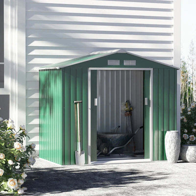 Casetta-da-Giardino-Porta-Utensili-in-Lamiera-con-Porte-Scorrevoli,-213x130x185cm,-Verde-ER8845-030GNER8