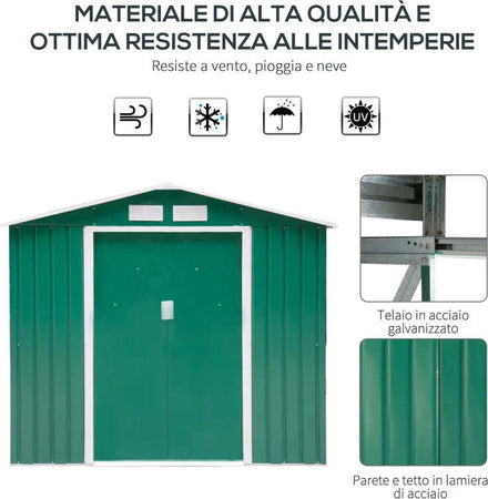 Casetta-da-Giardino-Porta-Utensili-in-Lamiera-con-Porte-Scorrevoli,-213x130x185cm,-Verde-ER8845-030GNER8