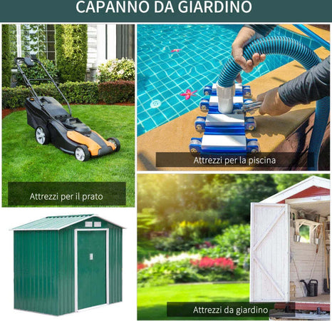 Casetta-da-Giardino-Porta-Utensili-in-Lamiera-con-Porte-Scorrevoli,-213x130x185cm,-Verde-ER8845-030GNER8