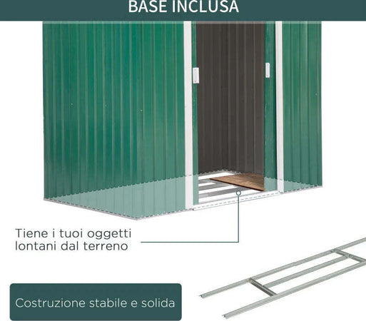 Casetta-da-Giardino-Porta-Utensili-in-Lamiera-con-Porte-Scorrevoli,-213x130x185cm,-Verde-ER8845-030GNER8