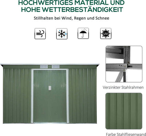 Casetta-da-Giardino-Porta-Utensili-in-Lamiera-di-Acciaio,-Capanno-da-Giardino-in-Acciaio-con-Porte-Scorrevoli,-280x130x172cm,-Verde-Chiaro-LK4845-032GNLK4