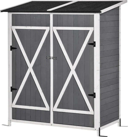 Casetta-in-Legno-da-Giardino-con-2-Ante,-Armadio-da-Esterno-Porta-Attrezzi-da-Giardino-con-uno-Sgabello,-139x75x147/160cm-DF5845-353V01DF5